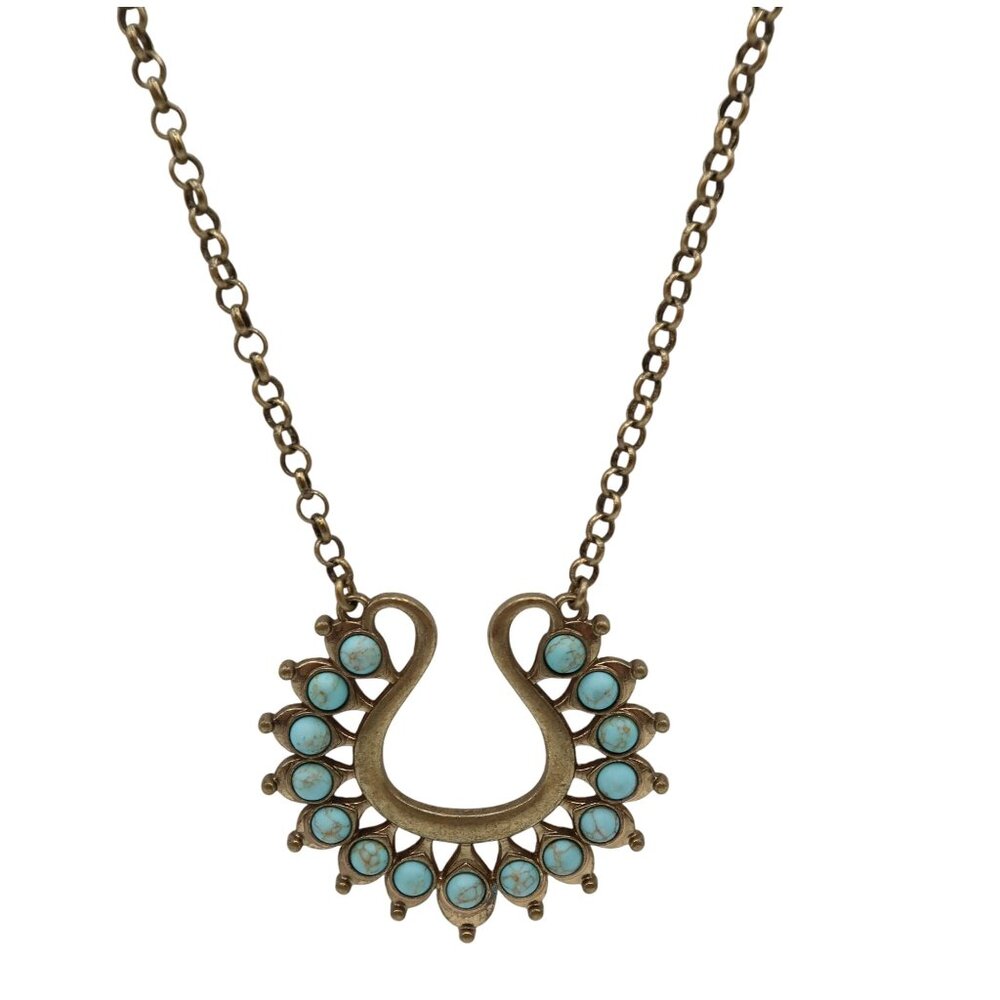 PREMIER DESIGNS LOTUS Faux Turquoise Gold Tone Pendant Necklace Boho Southwester